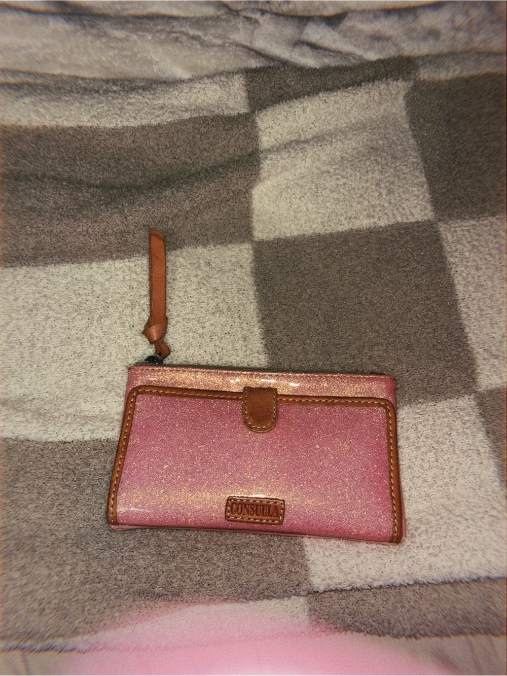 Consuela Pink Glitter Wristlet Wallet with Tan Trim